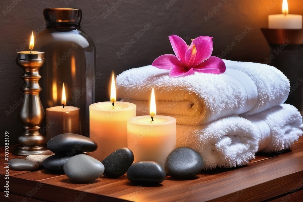 Towels and aroma candles for relax spa massage and body treatment. Composition with candles, spa stones, flowers Spa setting ready for beauty treatment. Generative AI