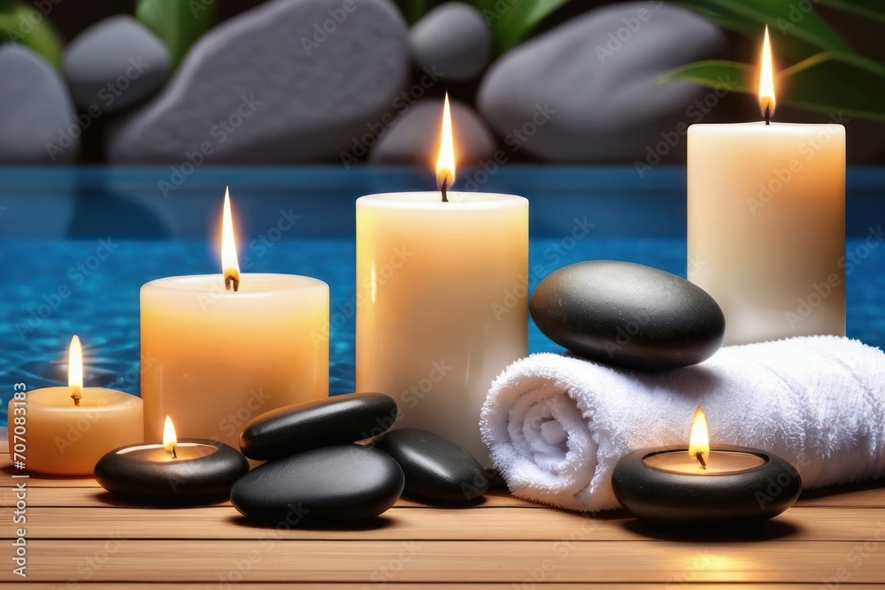 Towels and aroma candles for relax spa massage and body treatment. Composition with candles, spa stones, flowers Spa setting ready for beauty treatment. Generative AI Towels and aroma candles for relax spa massage and body treatment. Composition with candles, spa stones, flowers Spa setting ready for beauty treatment. Generative AI