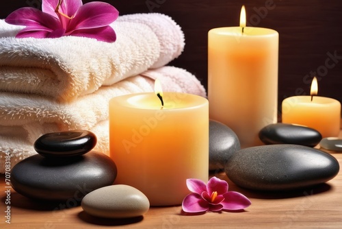 Towels and aroma candles for relax spa massage and body treatment. Composition with candles, spa stones, flowers Spa setting ready for beauty treatment. Generative AI