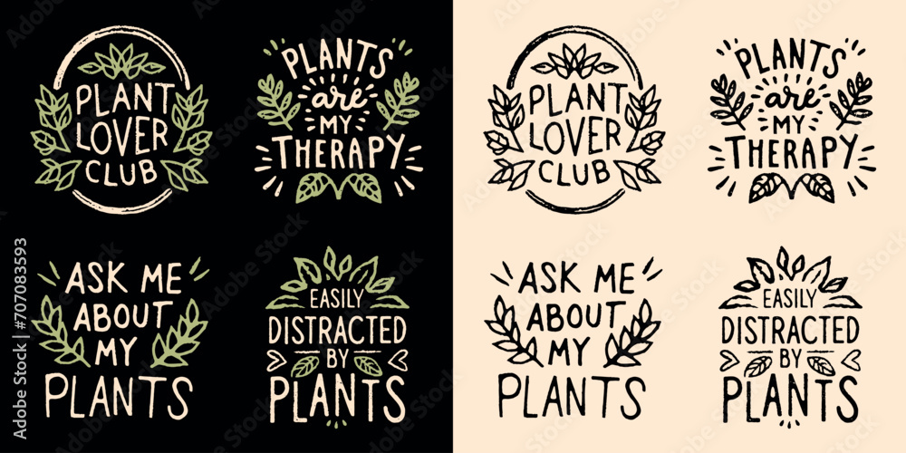 Plant lover club quotes set pack bundle lettering badge. Cute hand drawn plants illustration funny short lettering. Minimalist retro vintage vector text for shirt design and printable products gifts. - obrazy, fototapety, plakaty 