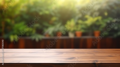 Empty wooden counter with an open window in the style of bokeh blurred summer background