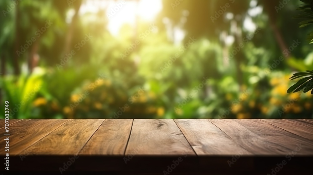 Empty wooden counter with an open window in the style of bokeh blurred summer background Empty wooden counter with an open window in the style of bokeh blurred summer background
