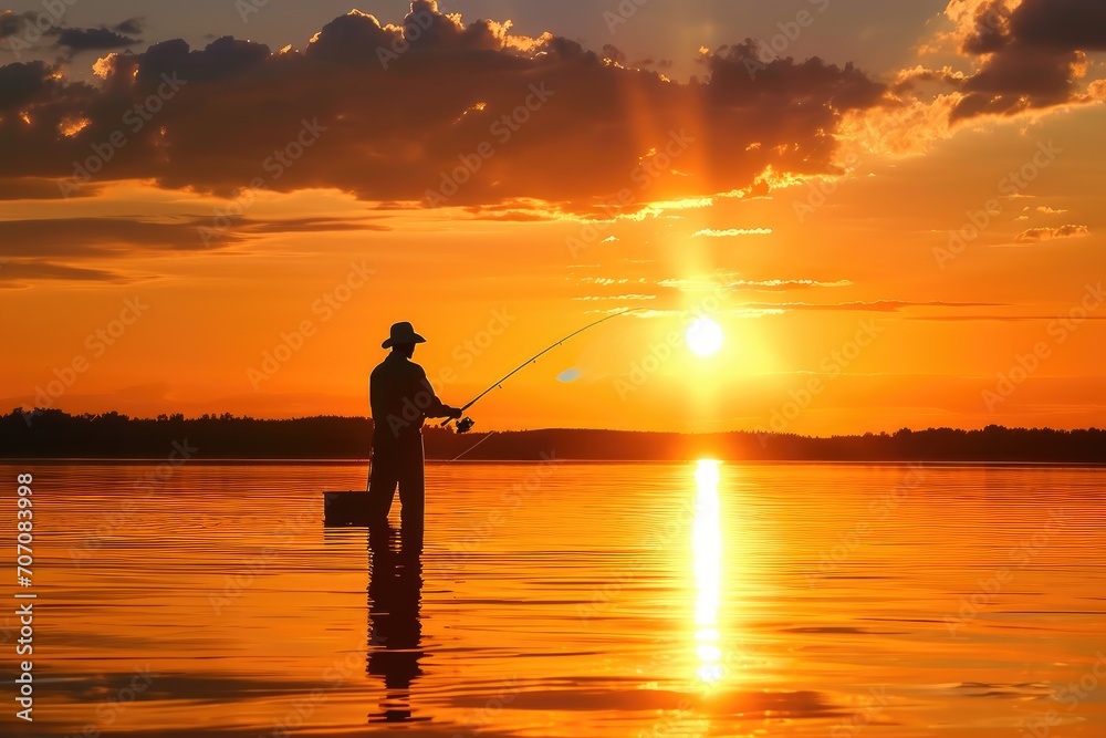 Old fisherman casting a line at sunset