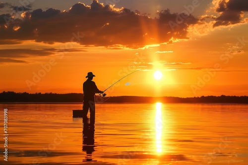 Old fisherman casting a line at sunset