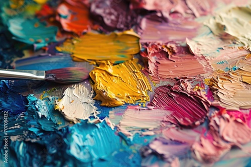 Painter's palette with vibrant colors in an art studio