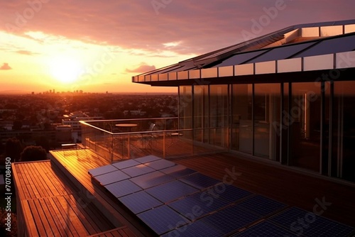Photovoltaic panels installed on the rooftop of an exquisite house. Generative AI
