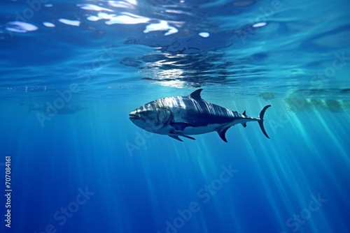 Tuna swimming in clear water. Generative AI