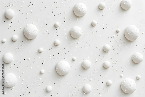 White background with white round objects and small dots all over.