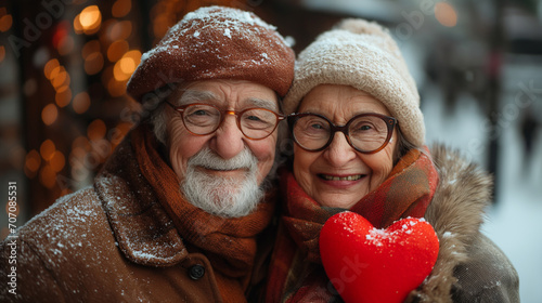 Smiling and happy mature persons with glasses, knitted caps and scarf are hugging. Snow on their caps. Red heart in her arms. S. Valentines holiday. Love concept. Selective focus. Generated with AI photo