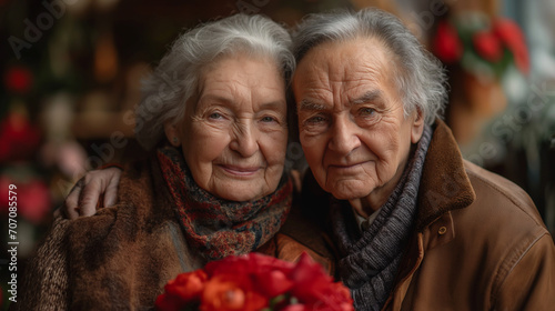 Senior persons with white hair and happy faces are hugging. Cold season. Old woman is keeping flowers, red roses in her arms. Old age love concept. Selective focus. Generated with AI