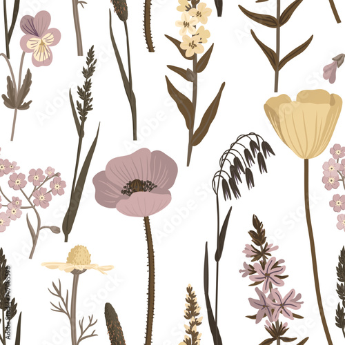 seamless pattern with field flowers  vector drawing wild flowering plants at white background  floral composition  hand drawn botanical illustration