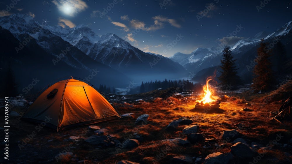 Starry Night Camping: Long Exposure Reveals Enchanting Sky, Campfire or Tent in Foreground