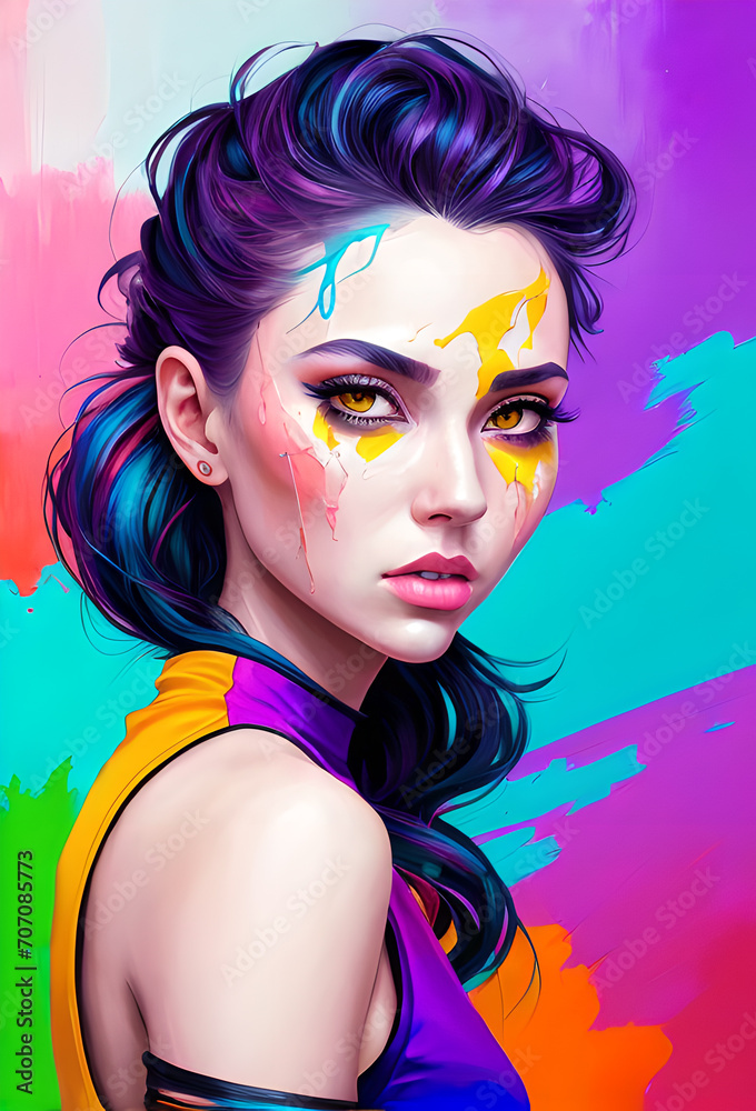 Obraz premium Portrait of a girl, photorealistic colorful oil paints, abstract execution, painting of a woman face, Fantasy concept , Conceptual closeup of an oil painting and palette, Generative AI