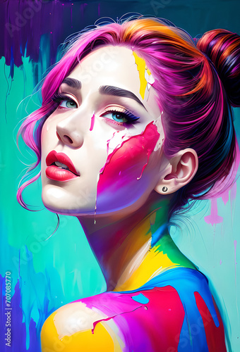 Portrait of a girl, photorealistic colorful oil paints, abstract execution, painting of a woman face, Fantasy concept , Conceptual closeup of an oil painting and palette, Generative AI © LIUBOMYR