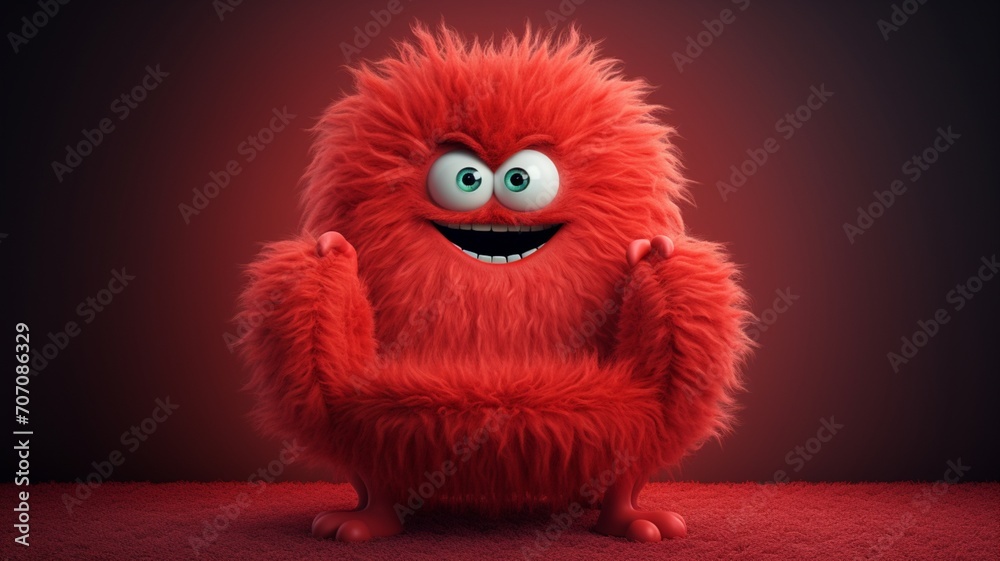 Fototapeta premium Fluffy red monster cartoon vector illustration picture Ai generated art