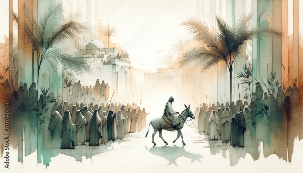 Jesus entering in Jerusalem. Palm Sunday. New Testament. Watercolor Biblical Illustration	 - obrazy, fototapety, plakaty 
