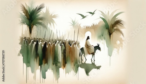 Jesus entering in Jerusalem. Palm Sunday. New Testament. Watercolor Biblical Illustration	 photo