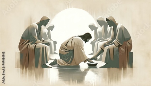 Washing of the Feet. Jesus. Maundy Holy Thursday. New Testament. Watercolor Biblical Illustration