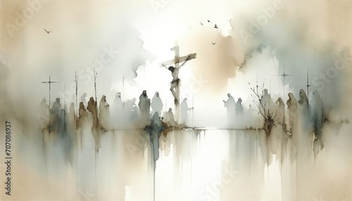 The Crucifixion. Passion. Good Friday. New Testament. Watercolor Biblical Illustration	 photo