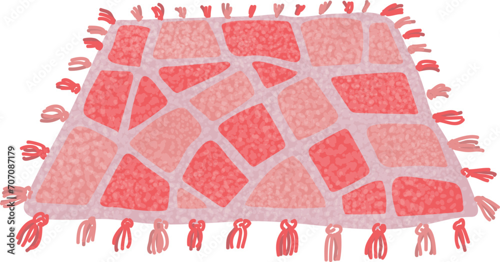 Fototapeta premium Red and pink patchwork blanket with tassels. Cozy home comfort, handmade quilt vector illustration.
