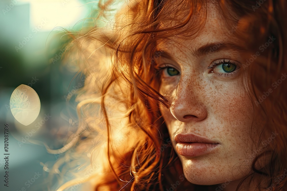 Capturing the raw beauty of a freckled redhead, this outdoor portrait reveals the intricacies of a woman's face, from the delicate curve of her lip to the intensity in her piercing brown eyes