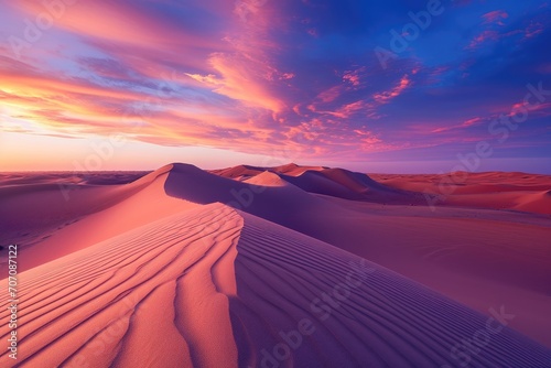 Amidst the vast expanse of the desert  the sun paints the sky with hues of gold as the singing sands shift and dance in the winds  creating a breathtaking landscape of aeolian landforms and rugged mo