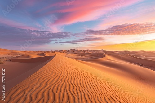 A mesmerizing landscape of golden sand dunes  singing in the wind as the sun sets over the horizon  creating a stunning contrast against the deep blue sky and fluffy clouds