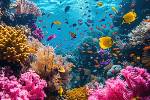 A colorful school of fish gracefully navigates through a vibrant coral reef, surrounded by the tranquil blue waters of their underwater world