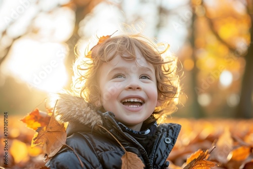 A joyful toddler embraces the beauty of autumn, surrounded by nature's colorful canvas and wearing a warm smile in a pile of crisp leaves © AiAgency