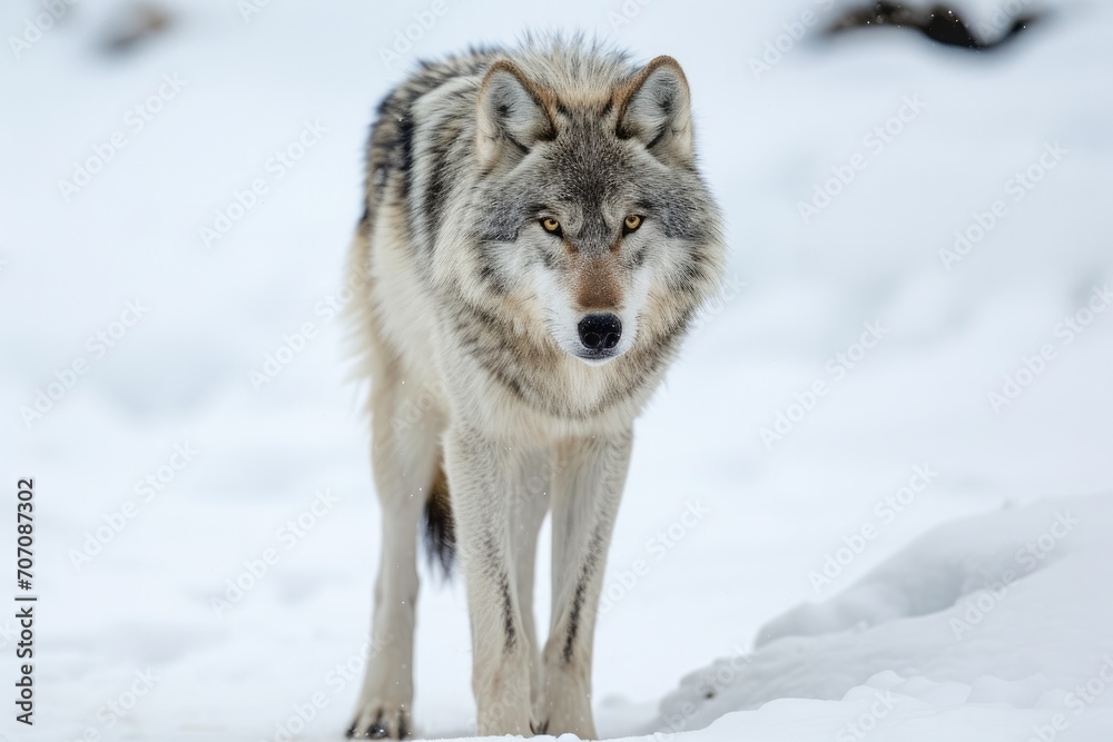 A majestic wolf, a fierce and loyal mammal, stands proud and strong in the freezing snow, its piercing gaze reflecting the wild and untamed spirit of the canis species