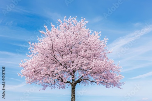 Single cherry tree in full blossom against a blue sky