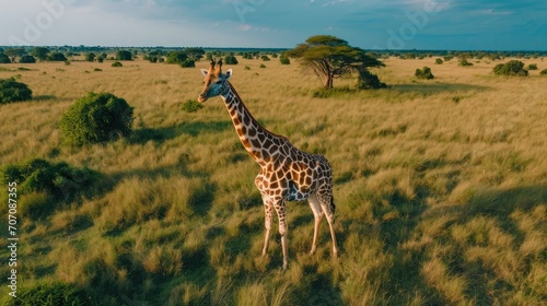A majestic giraffe gracefully stands tall in the vast grassy field  its long neck reaching for the clouds in the open savanna  embodying the beauty and wonder of wildlife in its natural habitat