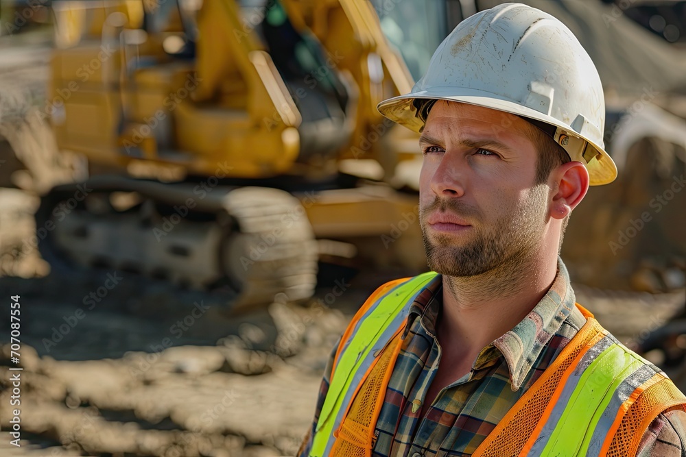 A rugged blue-collar worker stands proudly on the construction site, his high-visibility clothing and hard hat reflecting the determination in his human face as he prepares to tackle the day's tasks A rugged blue-collar worker stands proudly on the construction site, his high-visibility clothing and hard hat reflecting the determination in his human face as he prepares to tackle the day's tasks