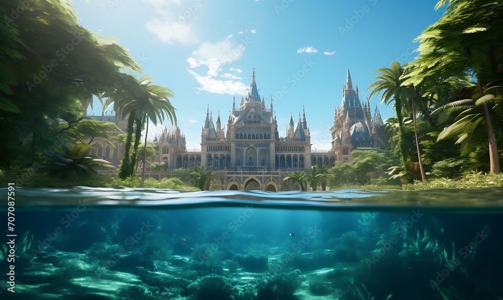 Hungarian parliament underwater-beach, palm trees behind, aerial shot, real photography, unreal-engine, 4k, highly detailed. Generative Ai

