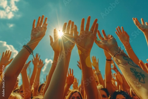 A group of people celebrate together with their hands raised in a symbol of happiness and unity against the backdrop of a sunny sky. photo