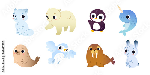Set of cute arctic animals for children. Cartoon vector baby animal collection for kids.