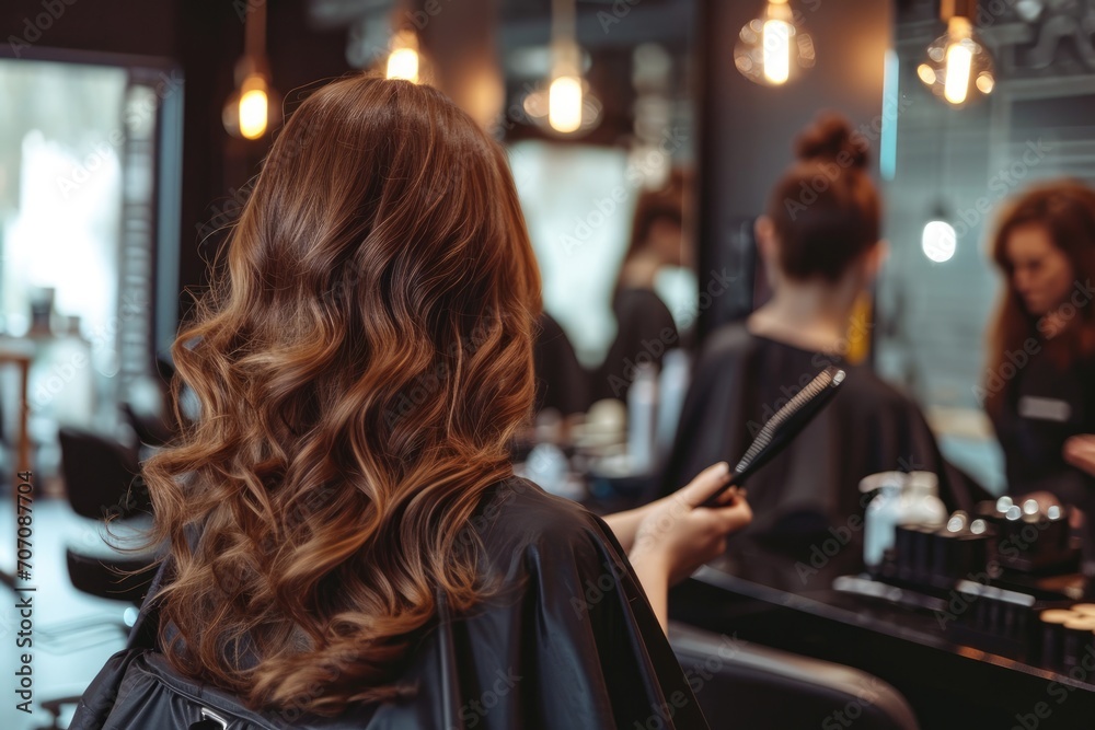 A reflective moment as a woman admires her flowing locks in a mirror while browsing through clothes in a shop A reflective moment as a woman admires her flowing locks in a mirror while browsing through clothes in a shop