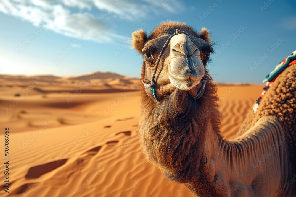 A majestic arabian camel traverses the sandy dunes of the sahara, its long legs gracefully navigating the aeolian landscape as the singing sand echoes through the vast natural expanse of the desert s - obrazy, fototapety, plakaty 