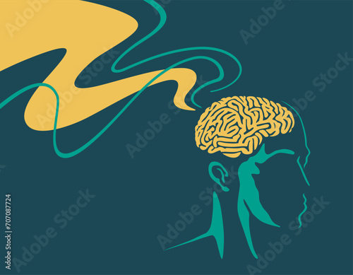 Human head with brain in abstract decoration