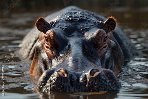 A majestic mammal gracefully glides through the glistening river, embodying the true essence of outdoor beauty as a magnificent hippopotamus in its natural habitat