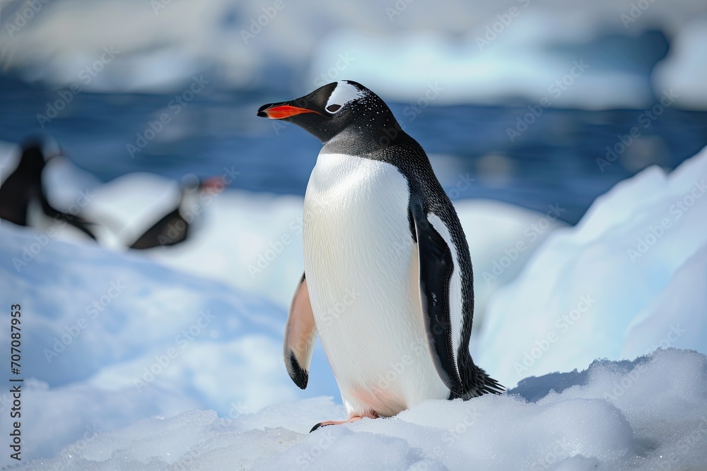 Obraz premium A majestic emperor penguin stands tall on the snowy arctic landscape, embodying the resilience and beauty of these flightless birds in the harsh winter