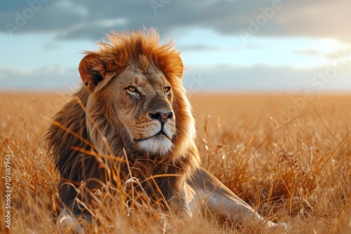 A majestic masai lion blends into the golden savannah, standing tall among the swaying grass and endless sky, a symbol of untamed wildlife and the rugged beauty of the outdoors