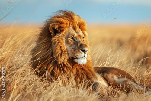 A majestic masai lion blends into the tall grass of the safari  exuding power and grace as a true king of the wildlife