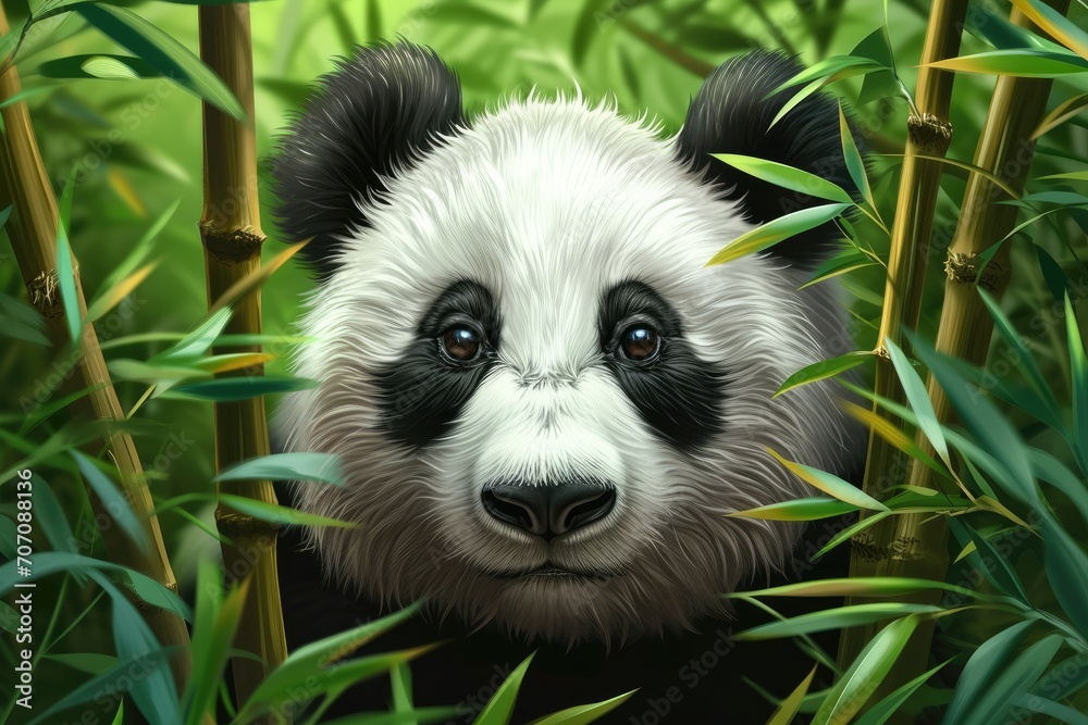 Fototapeta premium A curious giant panda explores the lush greenery of the woods, its furry snout grazing against the plants as it revels in its natural habitat as a majestic terrestrial animal