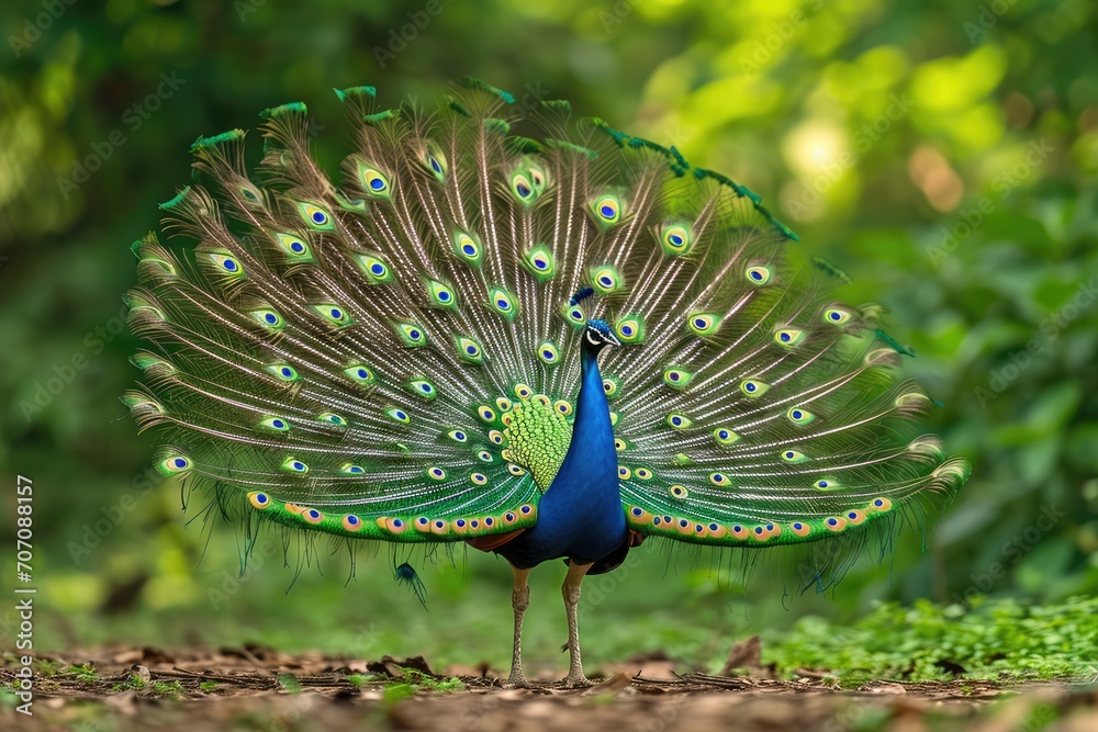 Obraz premium A vibrant peacock displays its magnificent tail feathers amidst a lush outdoor landscape, showcasing the majestic beauty of this galliforme bird