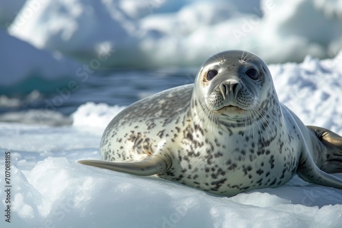 A majestic harbor seal rests upon the frozen ice, surrounded by the serene beauty of snow-covered mountains, showcasing the resilience and grace of this fascinating aquatic mammal