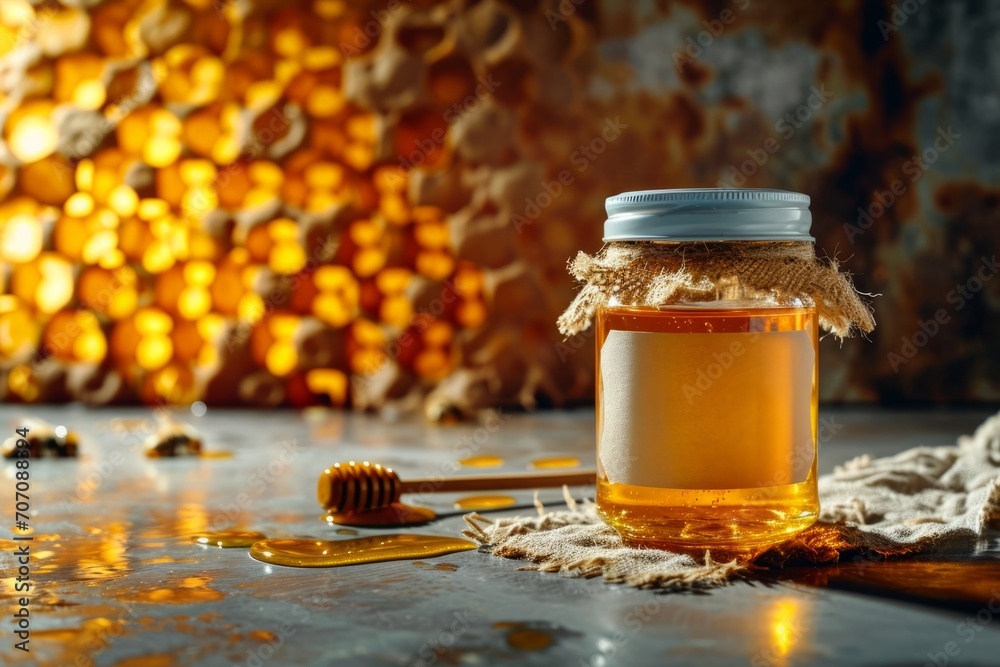 Mockup of glass jar with honey and label with empty space Mockup of glass jar with honey and label with empty space