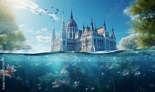 Hungarian parliament underwater-beach, palm trees behind, aerial shot, real photography, unreal-engine, 4k, highly detailed. Generative Ai

