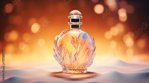 frost frozen 3D perfume bottle of ice, peach background, backlight, hyperrealism, bokeh, color 2024
