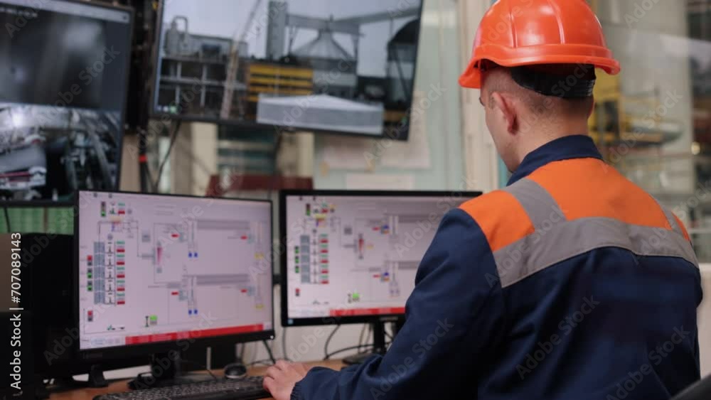 control system, monitoring program, Industrial worker. Inside control room, engineer operates diligently.